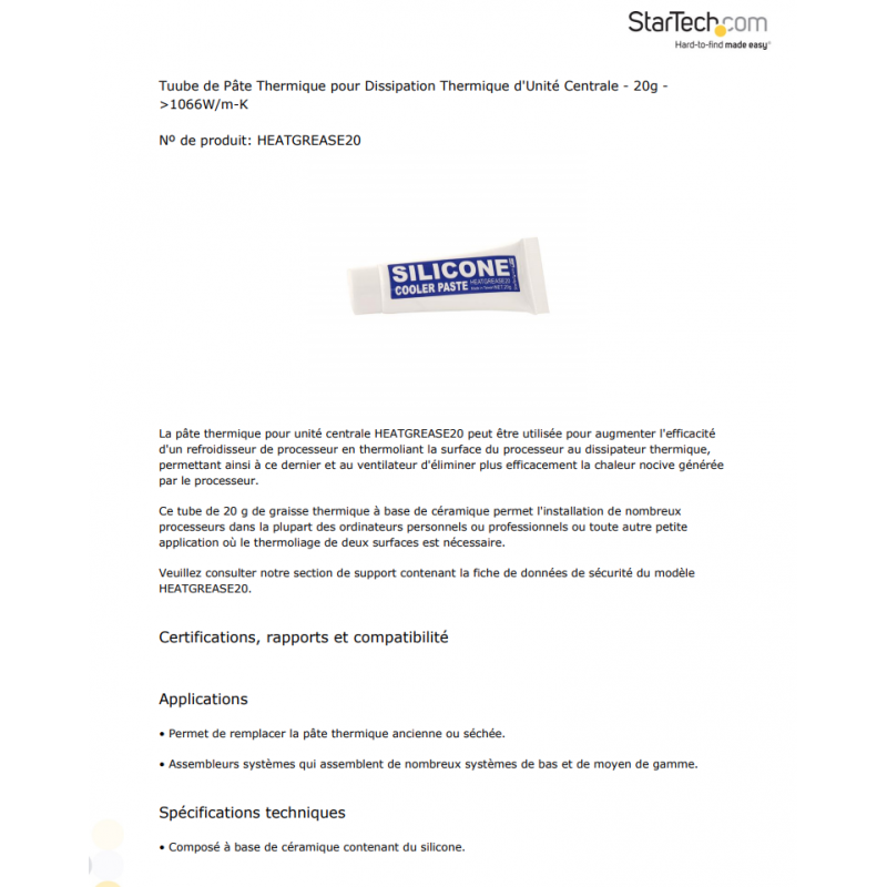 StarTech.com Pâte Thermique PC - Graisse Thermique pour Processeur